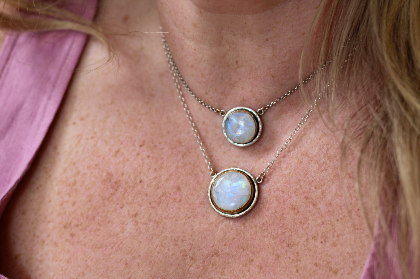 Large Moonstone Gemstone Silver Gold Necklace