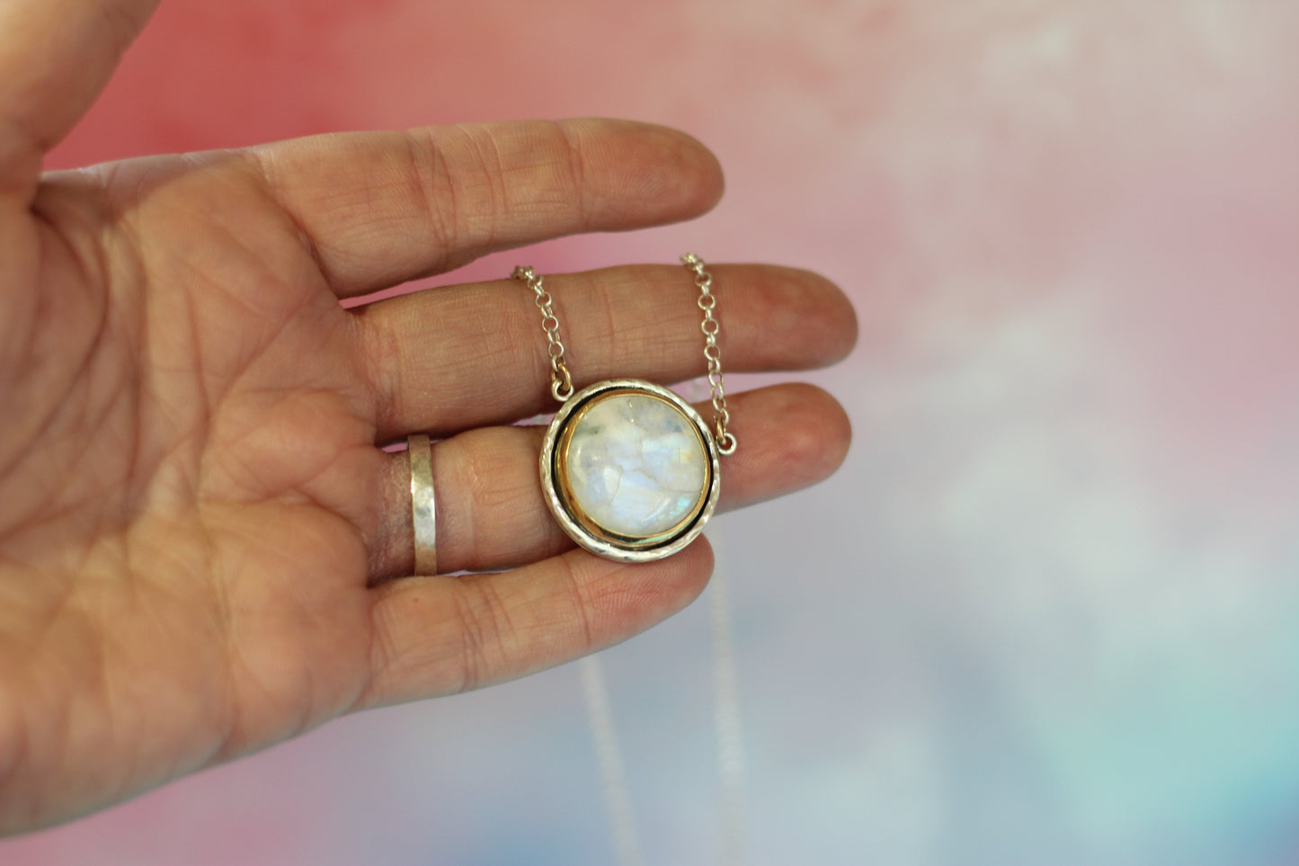 Large Moonstone Gemstone Silver Gold Necklace